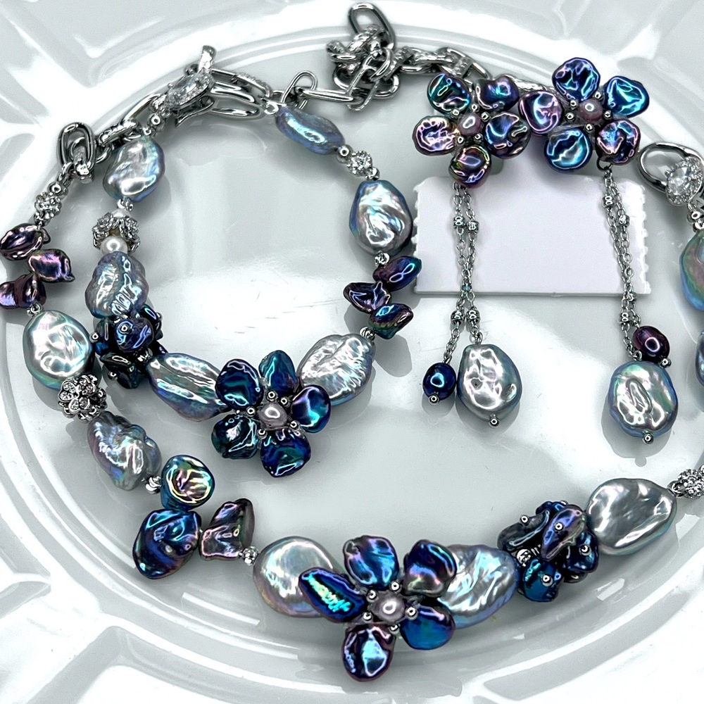 🔥 Handmade Freshwater Peacock Flower 🌺 Ice Blue Earrings Bracelet Necklace